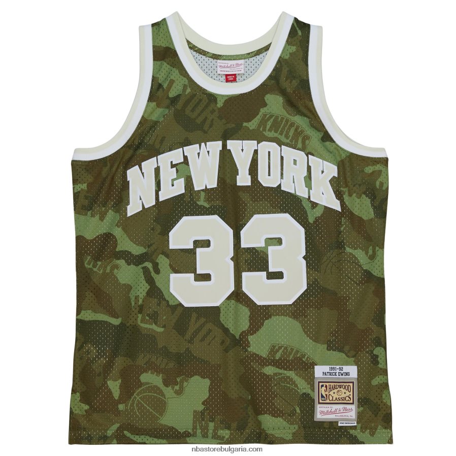 NBA JZ8F02868 new york knicks patrick ewing mitchell & ness camo hardwood classics ghost green swingman фланелка