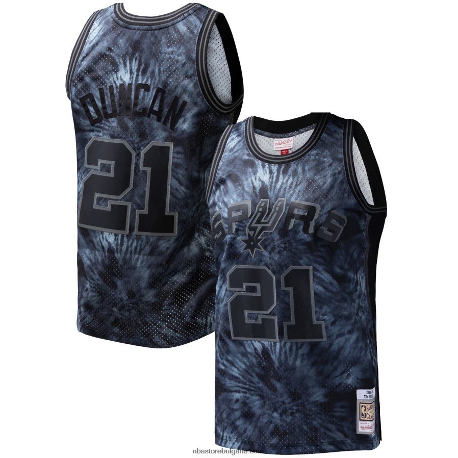 NBA JZ8F027705 san antonio spurs tim duncan mitchell & ness black hardwood classics tie-dye swingman фланелка