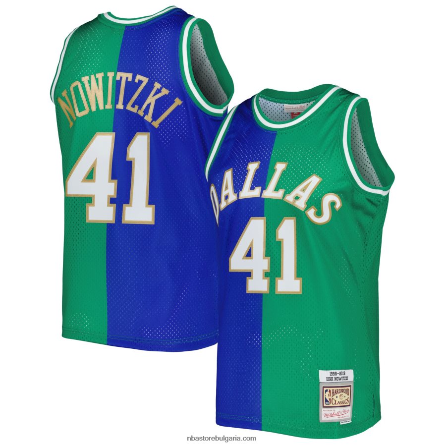 NBA JZ8F021198 dallas mavericks dirk nowitzki mitchell & ness blue/green hardwood classics split swingman фланелка