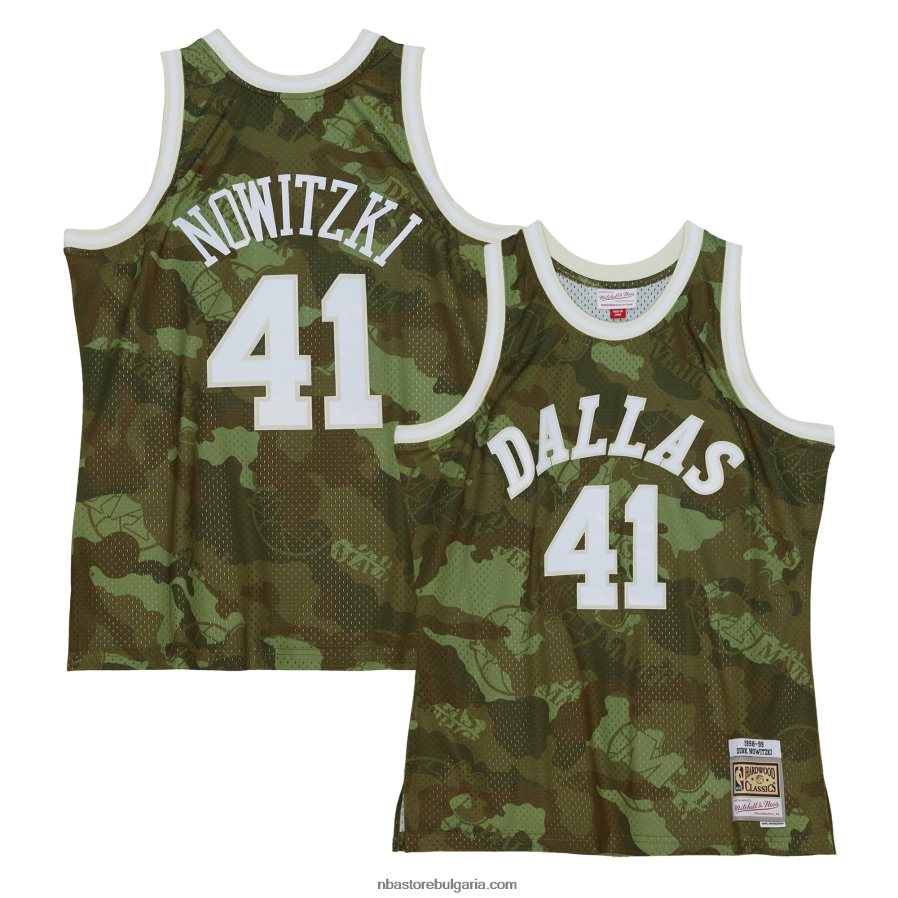 NBA JZ8F025935 dallas mavericks dirk nowitzki mitchell & ness camo hardwood classics ghost green swingman фланелка