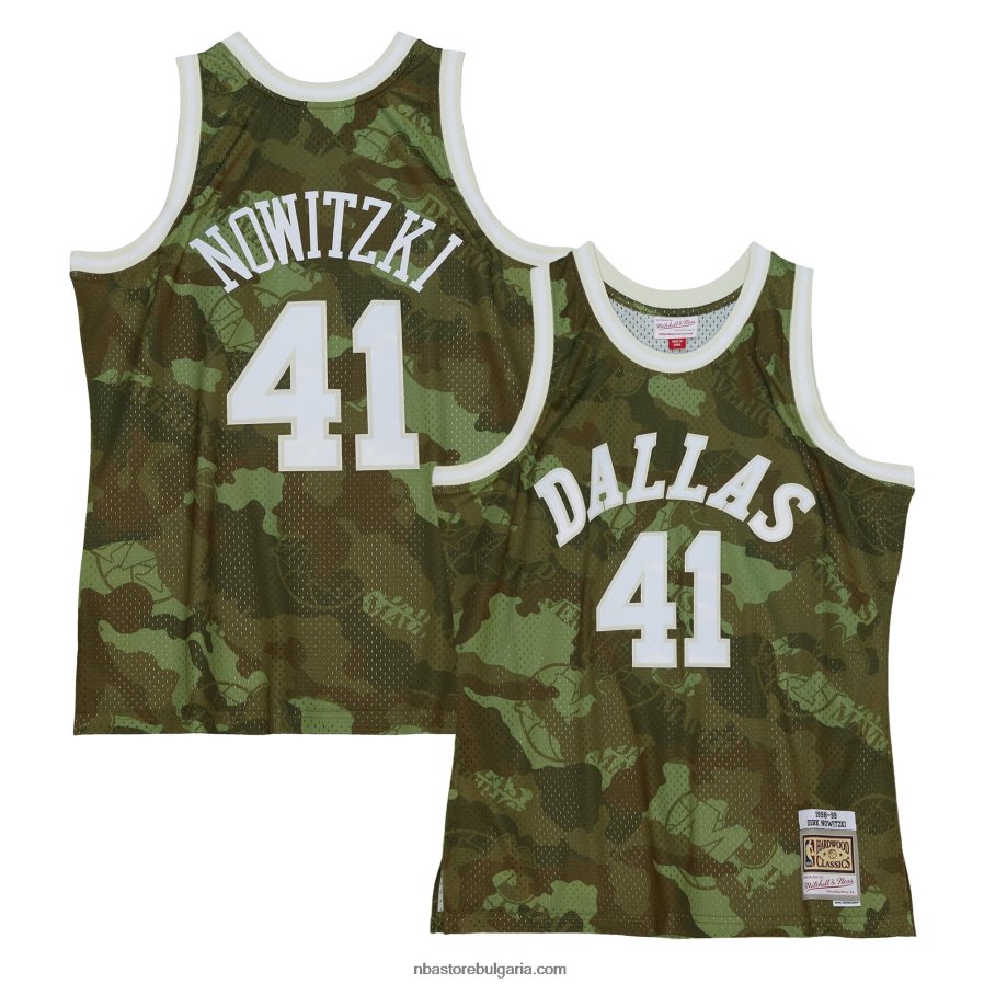 NBA JZ8F025935 dallas mavericks dirk nowitzki mitchell & ness camo hardwood classics ghost green swingman фланелка