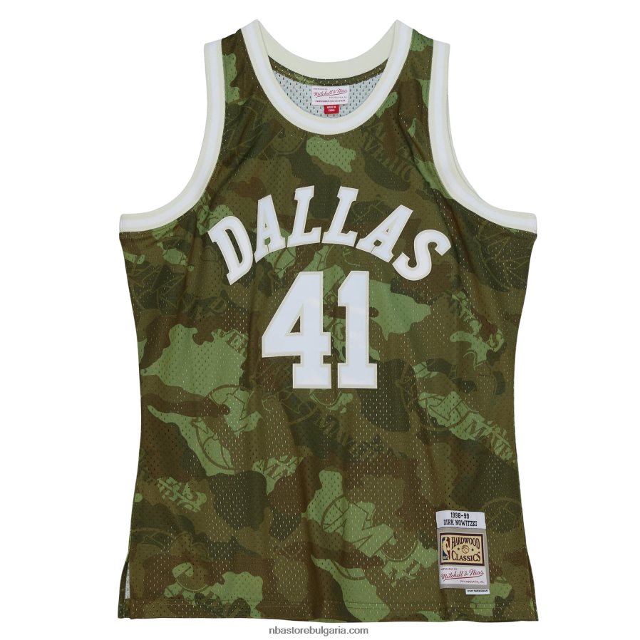 NBA JZ8F025935 dallas mavericks dirk nowitzki mitchell & ness camo hardwood classics ghost green swingman фланелка