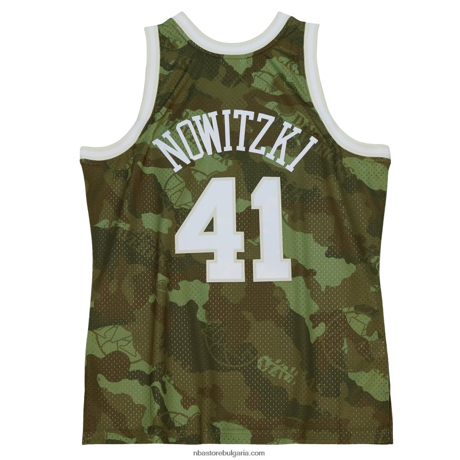 NBA JZ8F025935 dallas mavericks dirk nowitzki mitchell & ness camo hardwood classics ghost green swingman фланелка