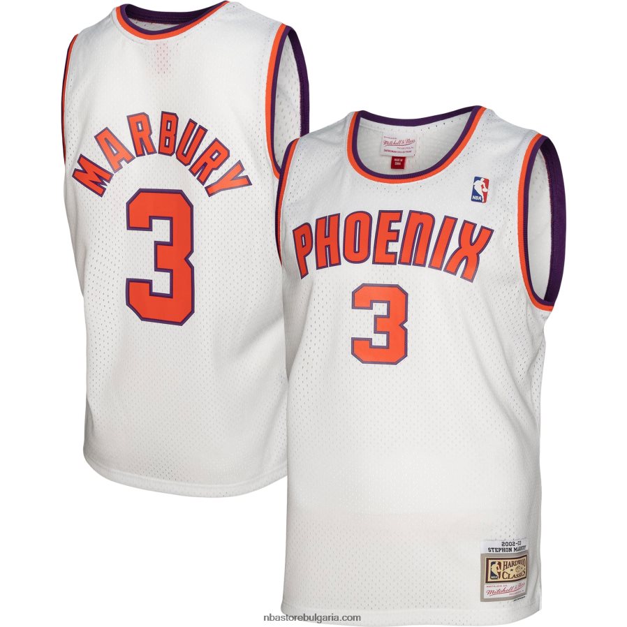 NBA JZ8F024252 феникс сънс стефон марбъри мичъл и нес бяла твърда дървесина класика swingman фланелка