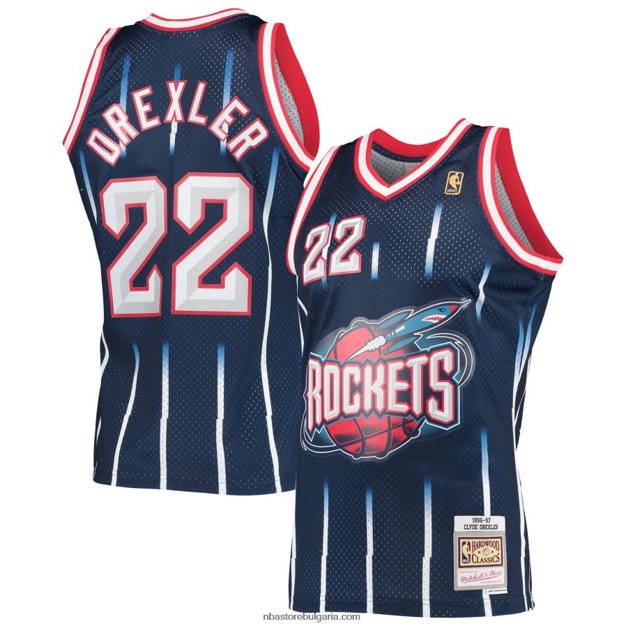 NBA JZ8F022254 Хюстън Рокетс Клайд Дрекслър Мичъл и Нес тъмно твърда дървесина класика суингмен трико