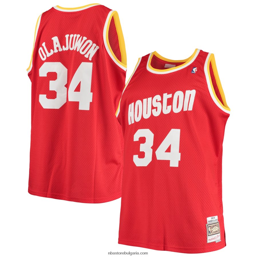 NBA JZ8F022528 Хюстън Рокетс Хаким Оладжувон Мичъл и Нес червена голяма и висока класическа фланелка от твърда дървесина