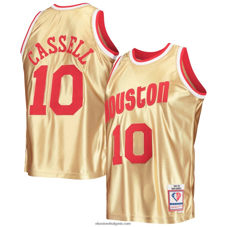 NBA JZ8F026931 Хюстън Рокетс Сам Касел злато 75-та годишнина 1993-94 класика от твърда дървесина фланелка swingman