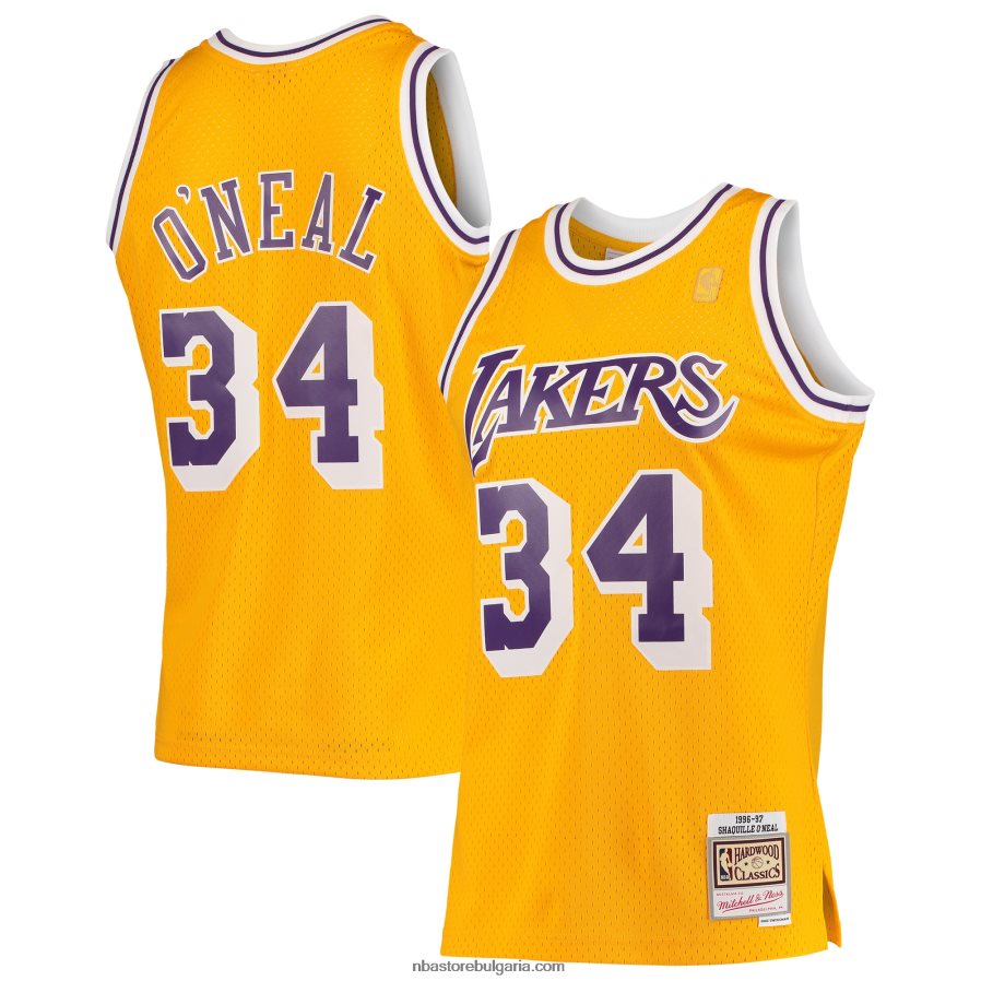 NBA JZ8F02142 Лос Анджелис Лейкърс Шакил О'Нийл Мичъл и Нес златни класики от твърда дървесина суингмен фланелка