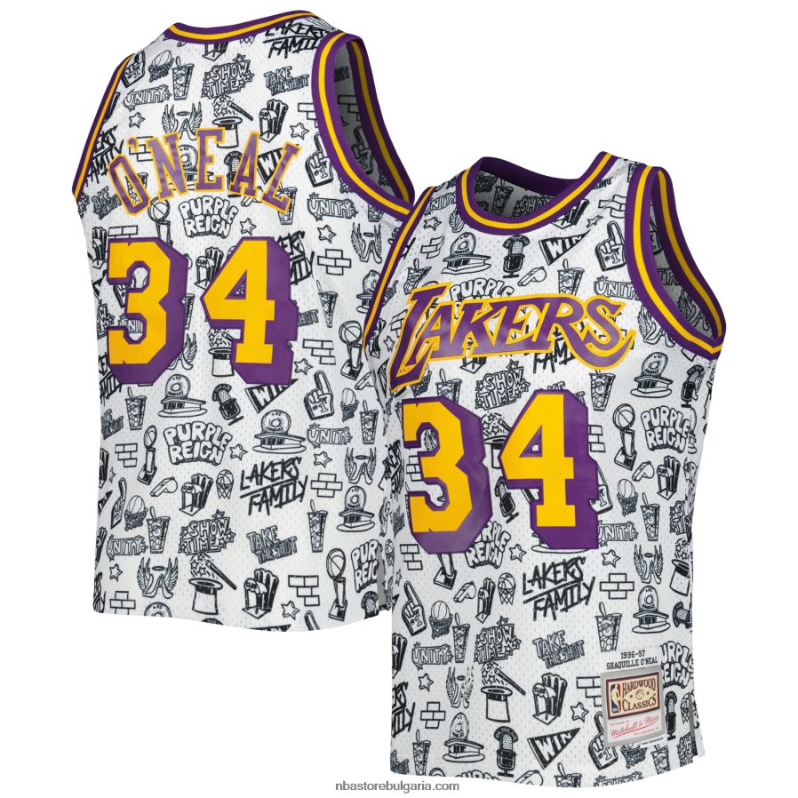 NBA JZ8F021536 Лос Анджелис Лейкърс Шакил О'Нийл Мичъл и Нес бяла твърда дървесина класика doodle swingman фланелка