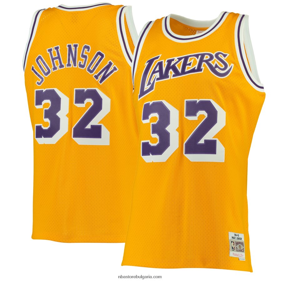 NBA JZ8F02190 Лос Анджелис Лейкърс Меджик Джонсън Мичъл и Нес златни класики от твърда дървесина суингмен фланелка
