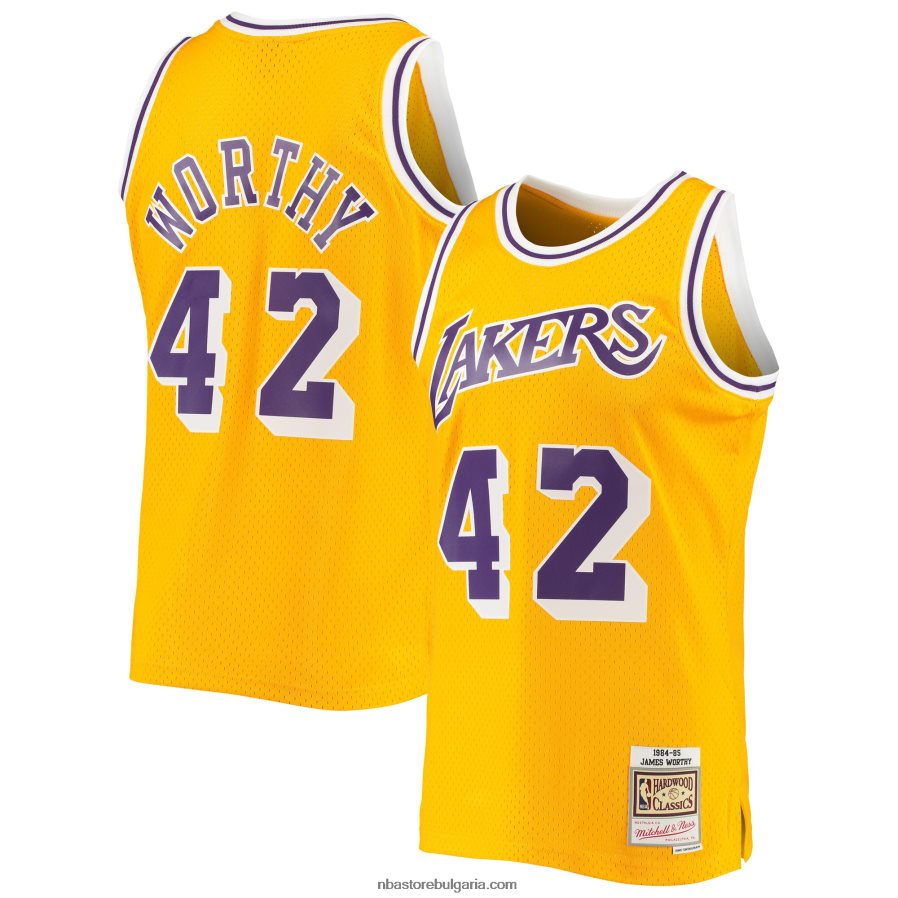 NBA JZ8F024715 Лос Анджелис Лейкърс Джеймс Уорди Мичъл и Нес злато 1984-85 класика от твърда дървесина суингмен фланелка