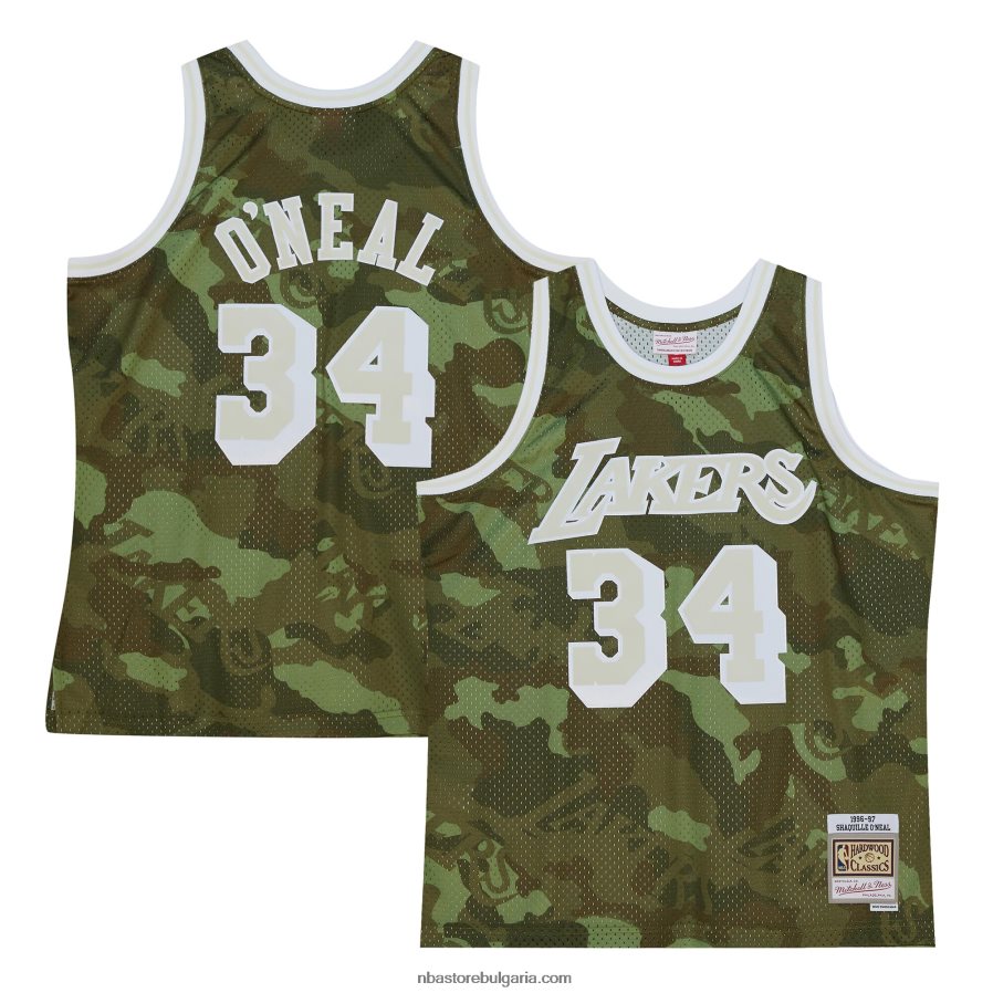 NBA JZ8F025351 los angeles lakers shaquille o'neal camo hardwood classics призрачно зелено суингмен фланелка