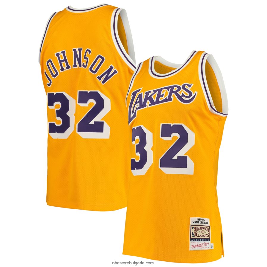 NBA JZ8F02641 Лос Анджелис Лейкърс Меджик Джонсън Мичъл и Нес златни класики от твърда дървесина автентична фланелка