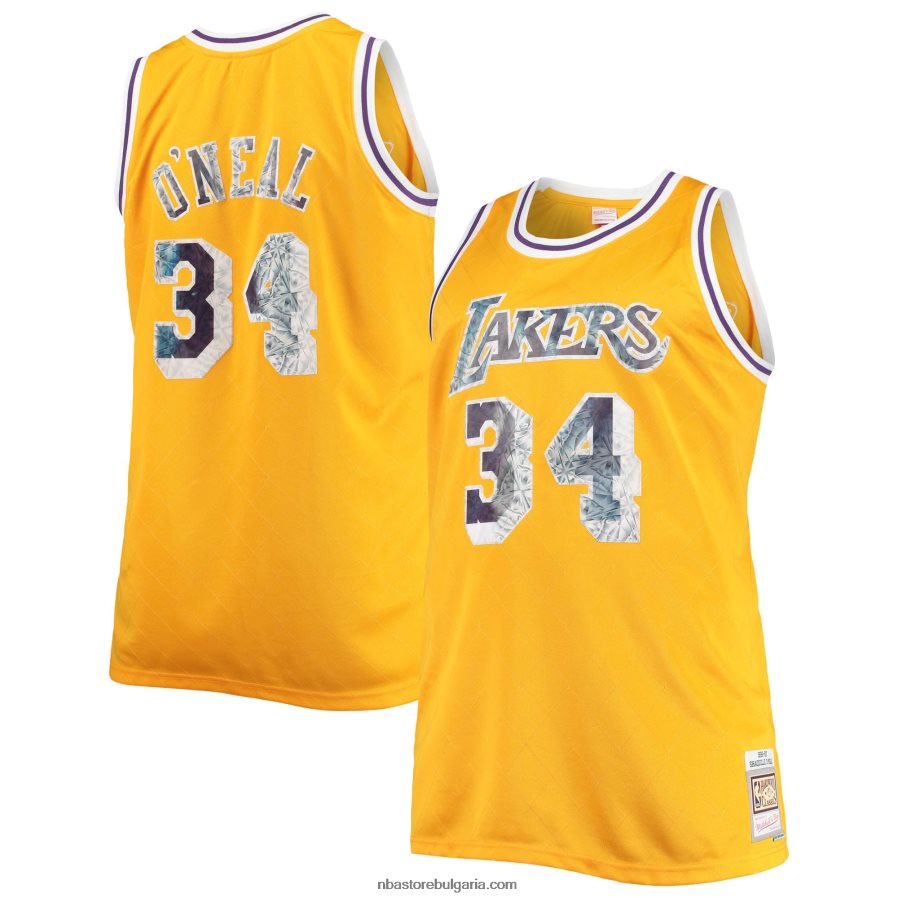 NBA JZ8F026850 Лос Анджелис Лейкърс Шакил О'Нийл златна голяма и висока 75-та юбилейна фланелка с диамант суингмен