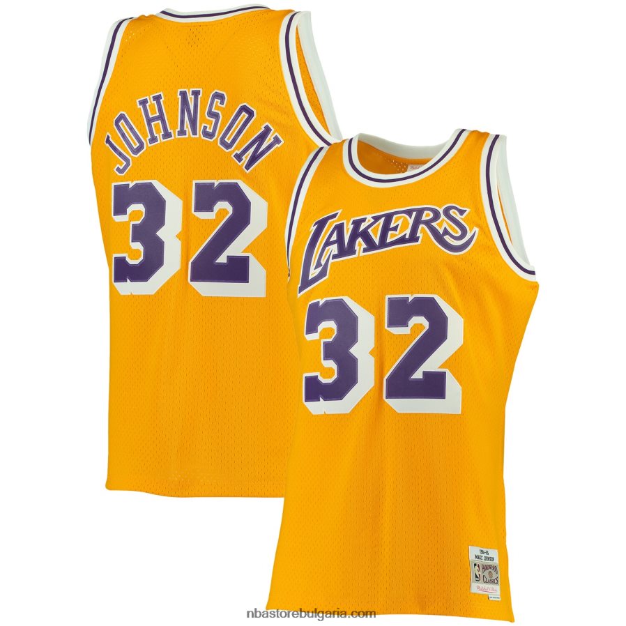NBA JZ8F02733 Лос Анджелис Лейкърс Меджик Джонсън Мичъл и Нес златна голяма и висока класическа фланелка от твърда дървесина