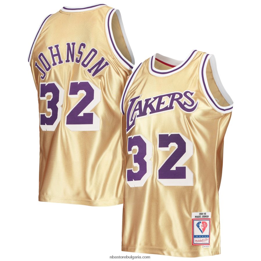 NBA JZ8F027539 лос анджелис лейкърс магия джонсън злато 75-та годишнина 1984-85 твърда дървесина класика swingman фланелка