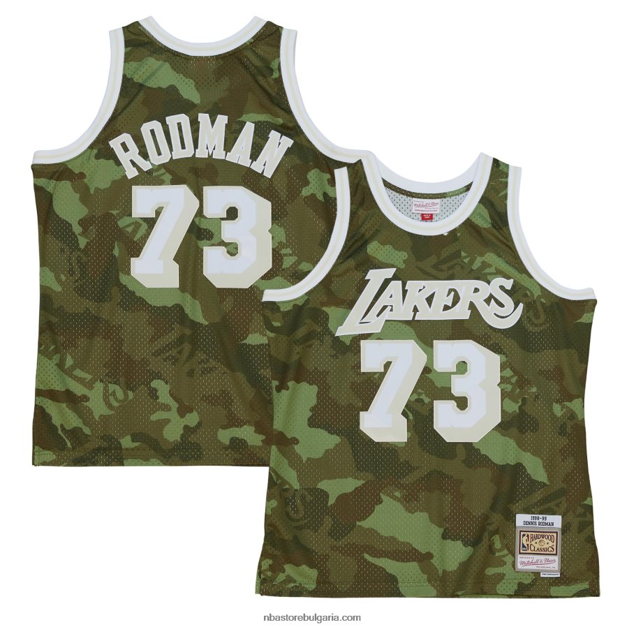 NBA JZ8F028454 los angeles lakers dennis rodman mitchell & ness camo hardwood classics ghost green swingman фланелка