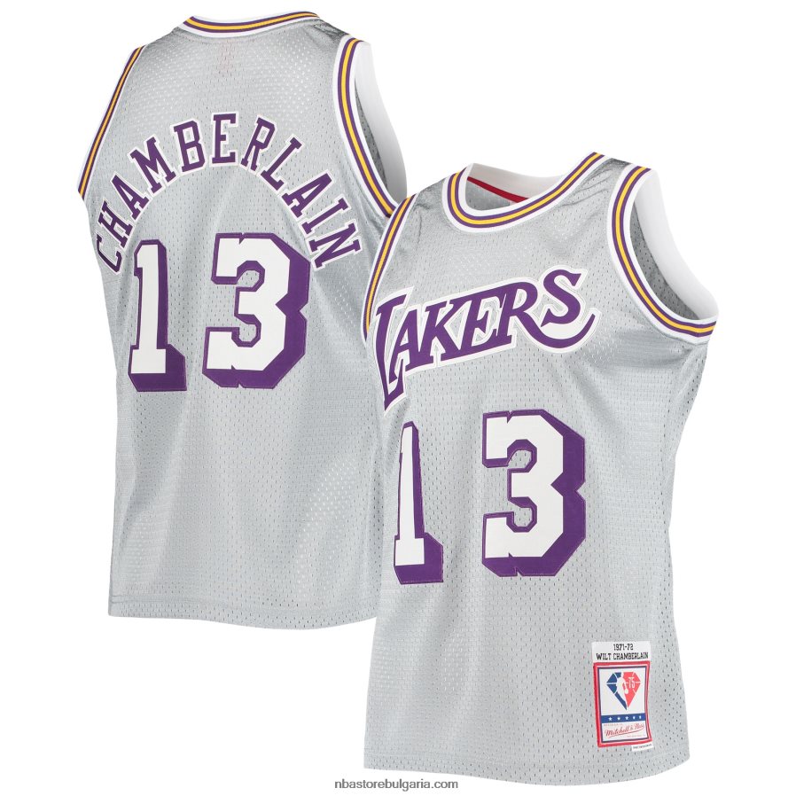 NBA JZ8F028629 Лос Анджелис Лейкърс Уилт Чембърлейн сребърна 75-та годишнина 1971-72 г. суингмен фланелка от твърда дървесина