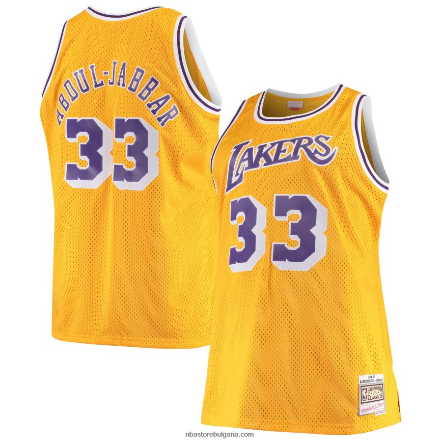 NBA JZ8F02866 Лос Анджелис Лейкърс Карийм Абдул-Джабар Мичъл и Нес златно голямо и високо класическо трико от твърда дървесина