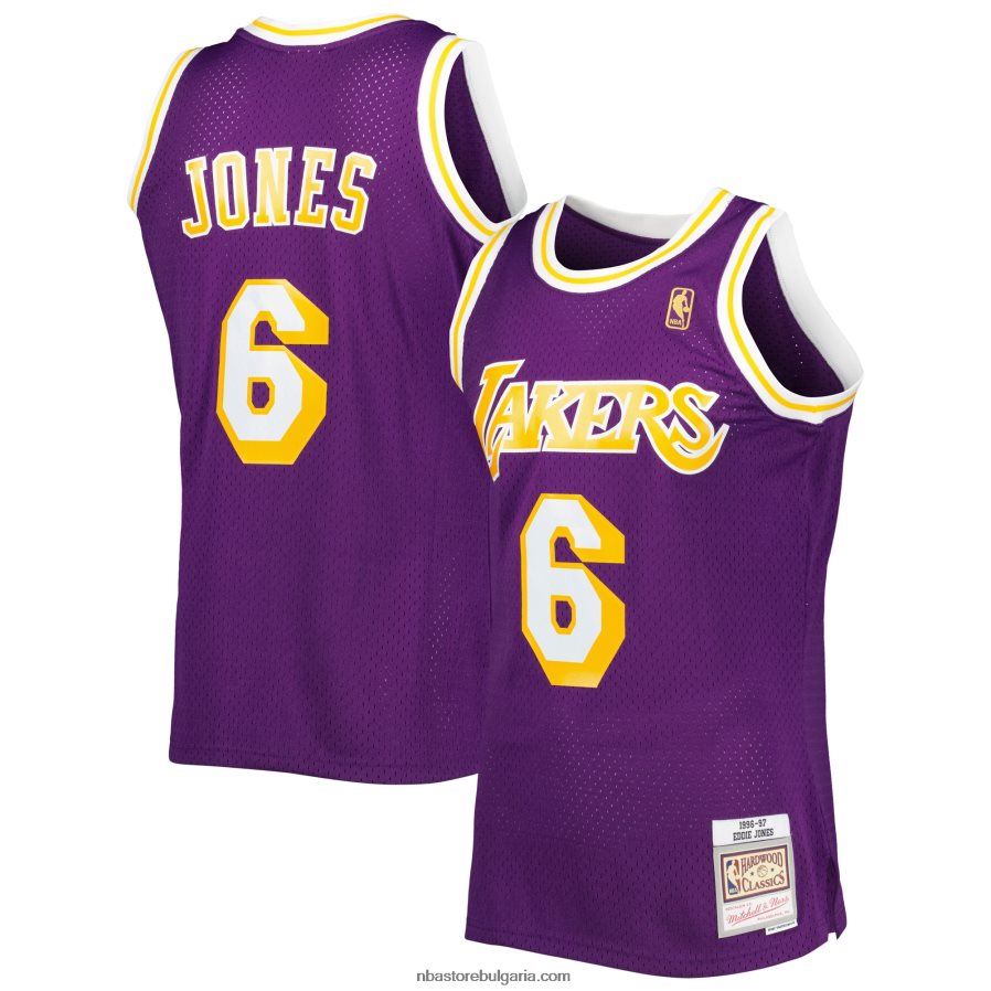 NBA JZ8F028714 Лос Анджелис Лейкърс Еди Джоунс Митчъл и Нес лилаво твърдо дърво класически фланелка Swingman