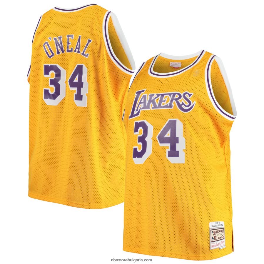 NBA JZ8F02933 Лос Анджелис Лейкърс Шакил О'Нийл Мичъл и Нес златна голяма и висока класическа фланелка от твърда дървесина