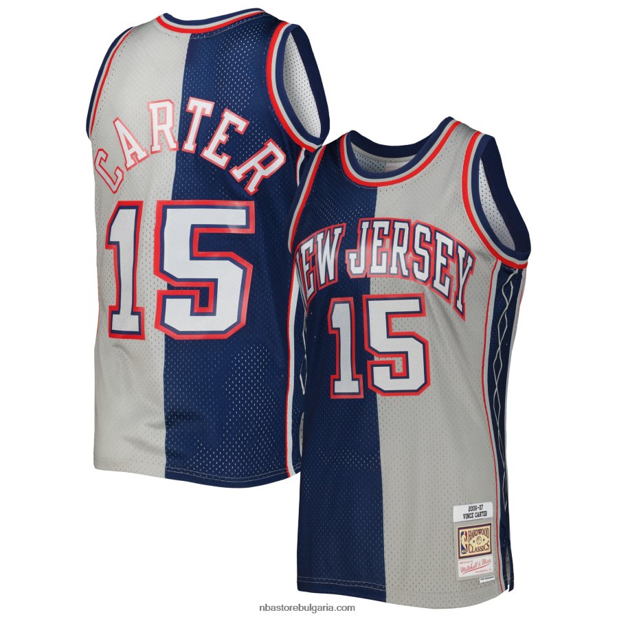 NBA JZ8F025307 мрежи от ново джърси винс картър тъмносиньо/сиво твърда дървесина класика сплит фланелка swingman