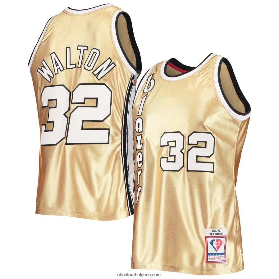 NBA JZ8F026411 портланд трейл блейзърс бил уолтън злато 75th юбилей 1976-77 твърда дървесина класика swingman фланелка
