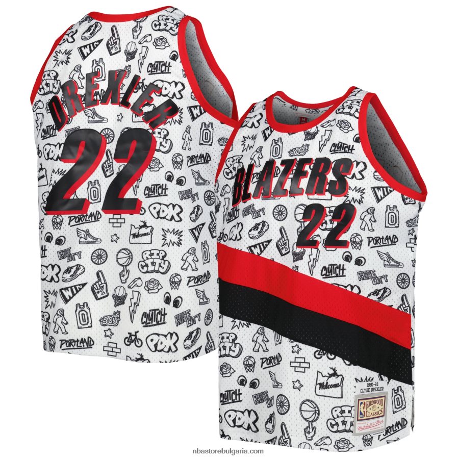NBA JZ8F028702 portland trail blazers clyde drexler white hardwood classics doodle swingman player фланелка