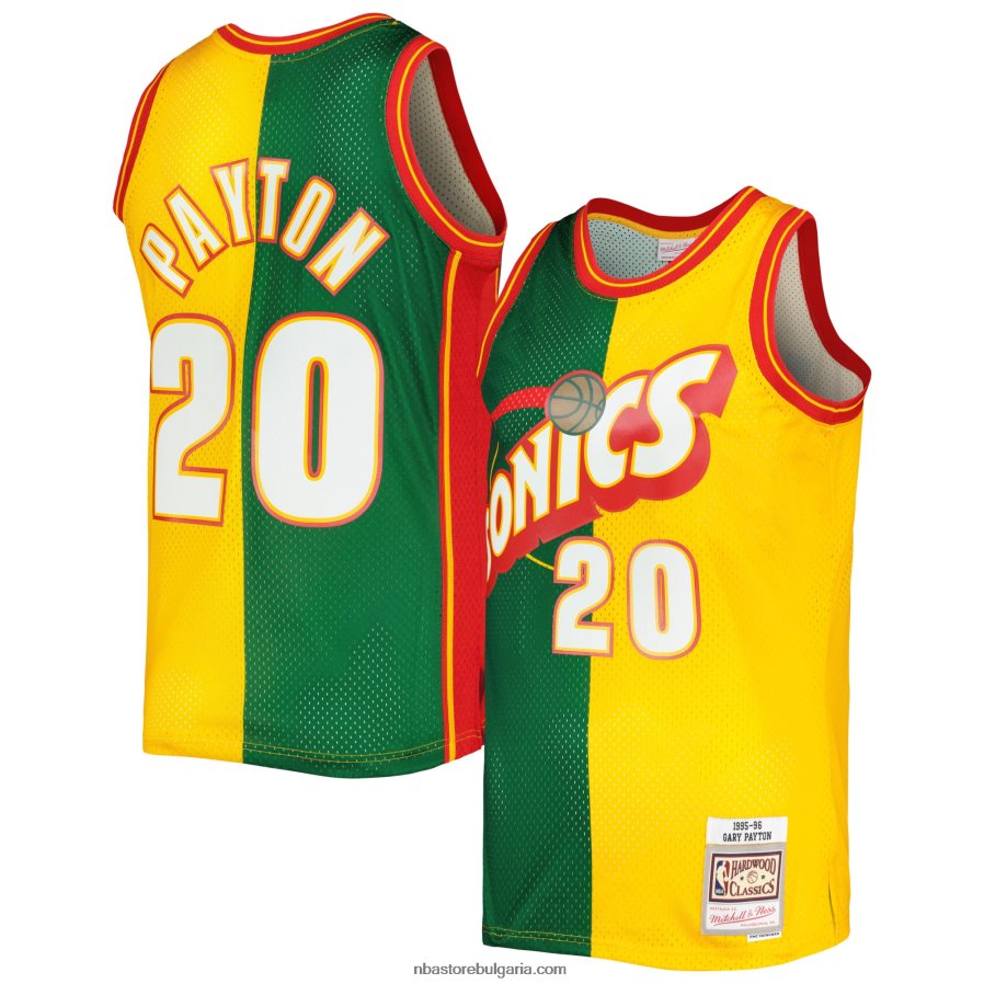 NBA JZ8F023327 Сиатъл суперсоникс Гари Пейтън Мичъл и Нес зелено/златно твърда дървесина класика сплит фланелка swingman
