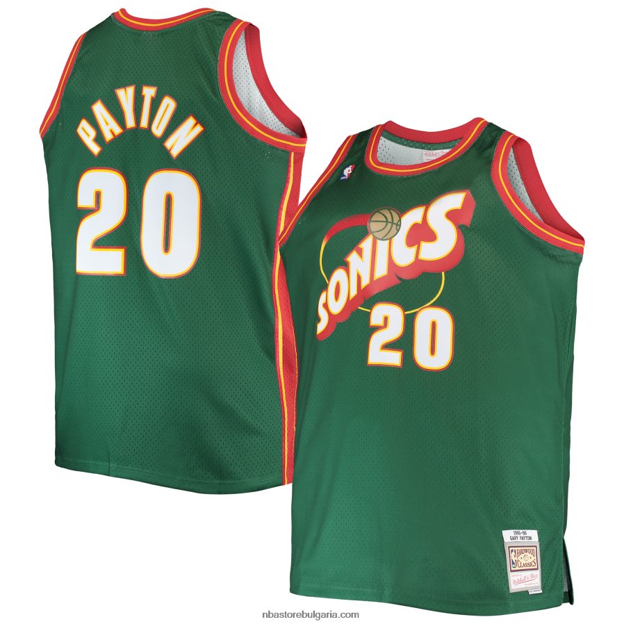 NBA JZ8F027540 Сиатъл Суперсоникс Гари Пейтън Мичъл и Нес зелена голяма и висока класика от твърда дървесина фланелка swingman