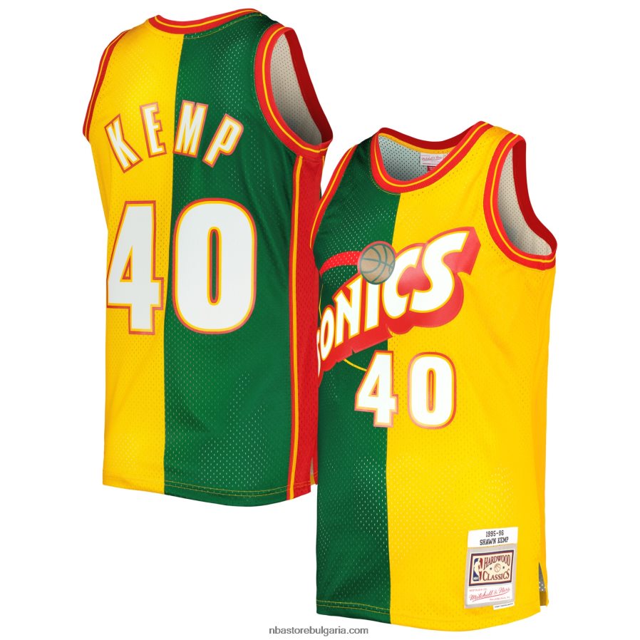 NBA JZ8F02987 seattle supersonics shawn kemp mitchell & ness green/gold hardwood classics split swingman triko