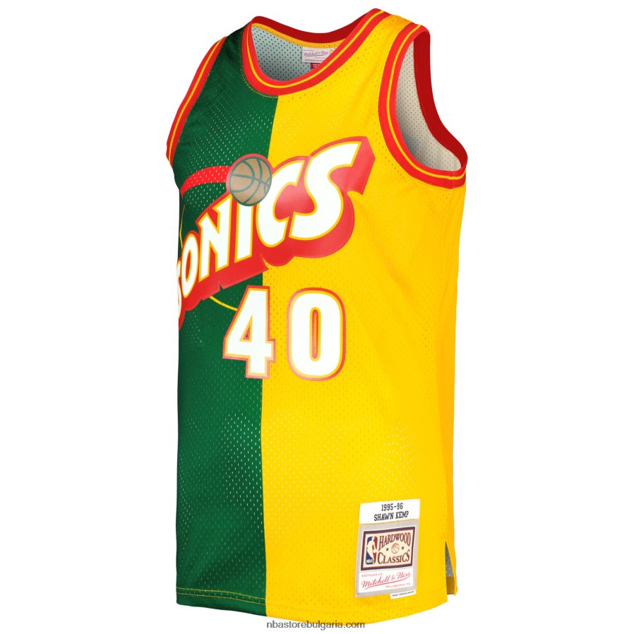 NBA JZ8F02987 seattle supersonics shawn kemp mitchell & ness green/gold hardwood classics split swingman triko
