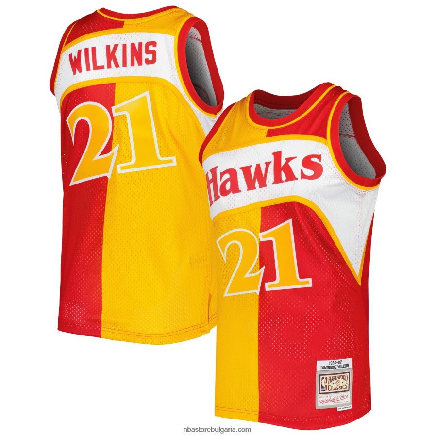 NBA JZ8F02286 атланта хоукс доминик уилкинс мичъл и нес жълто/червено твърда дървесина класика сплит фланелка суингмен