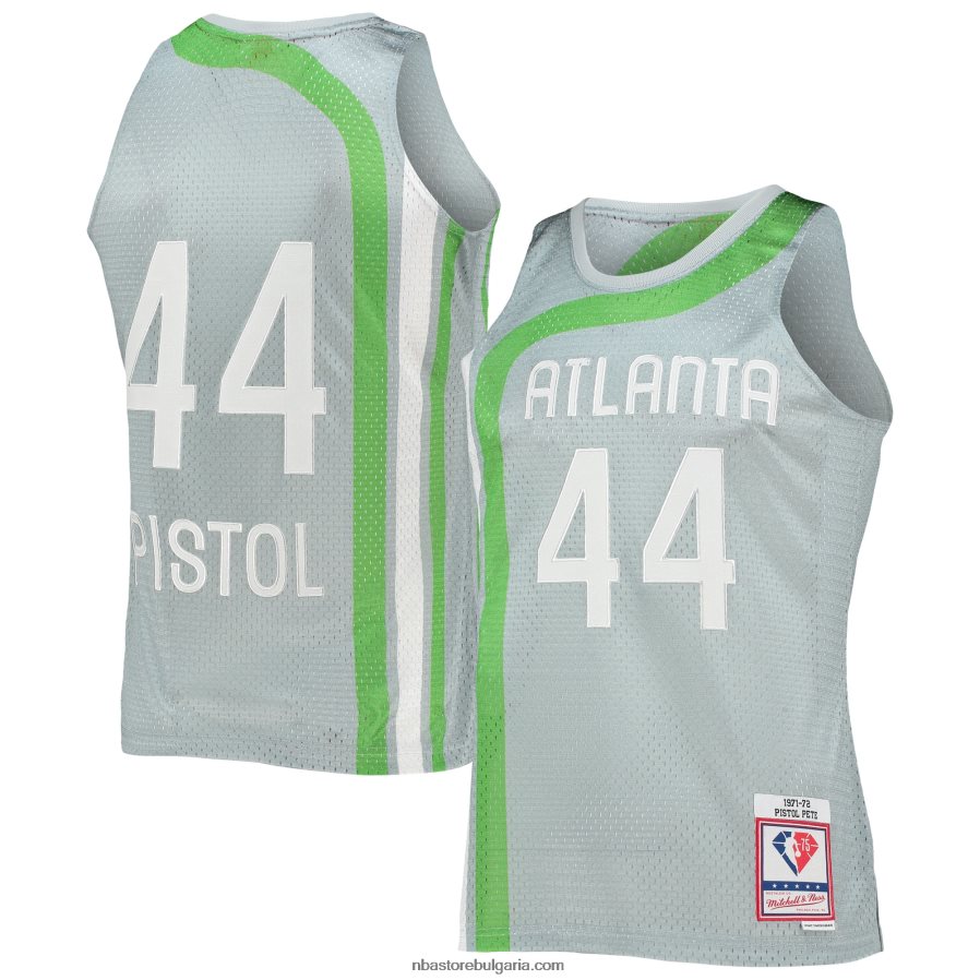 NBA JZ8F027575 атланта хоукс Пийт Маравич сребърна 75-та годишнина 1971-72 класика от твърда дървесина суингмен фланелка