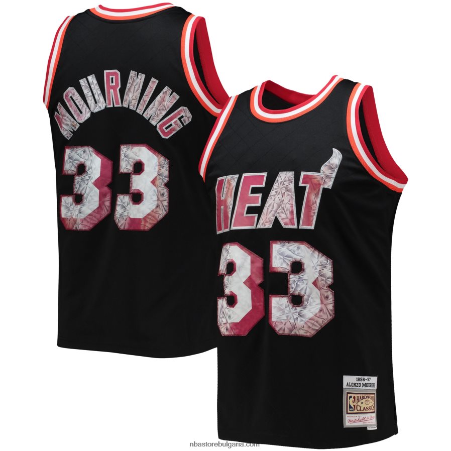 NBA JZ8F026392 miami heat alonzo mourning черна класика от твърда дървесина 75th юбилей диамантена фланелка swingman