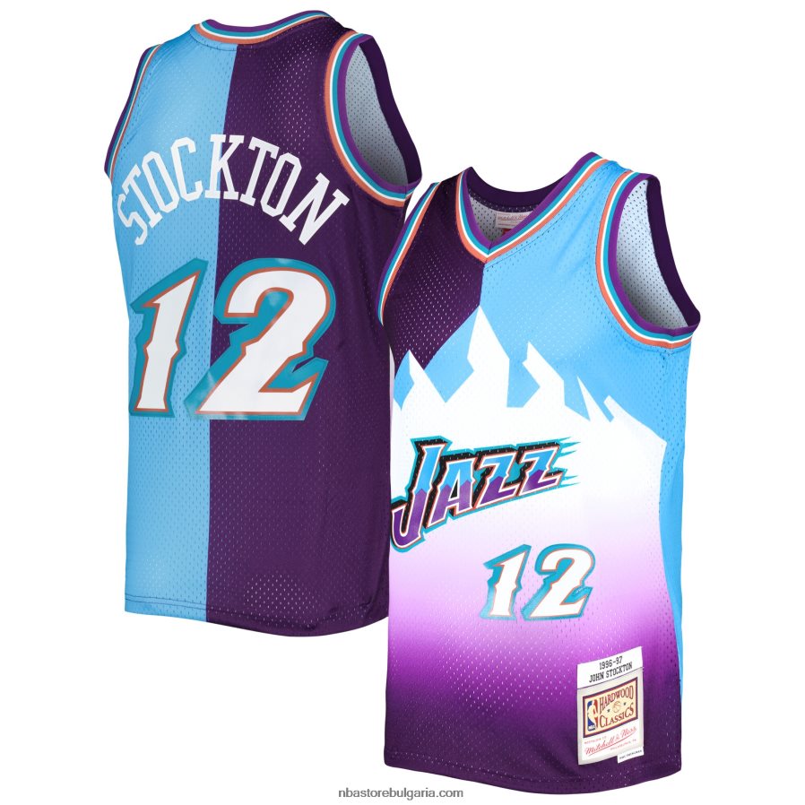 NBA JZ8F021415 utah jazz john stockton mitchell & ness purple/turquoise hardwood classics сплит суингмен трико