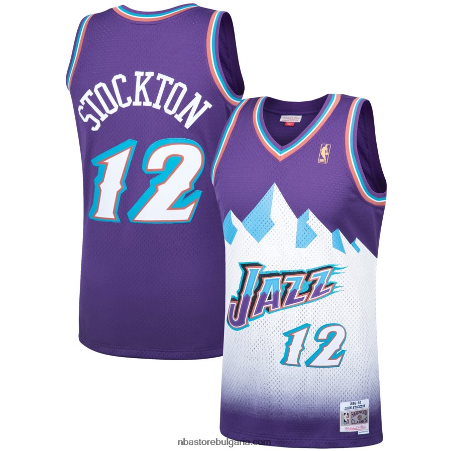 NBA JZ8F021847 юта джаз джон стоктън мичъл и нес лилаво твърда дървесина класика swingman фланелка