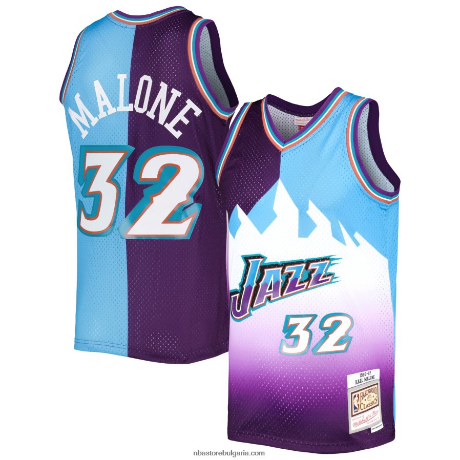 NBA JZ8F023198 utah jazz karl malone mitchell & ness purple/turquoise hardwood classics split swingman фланелка