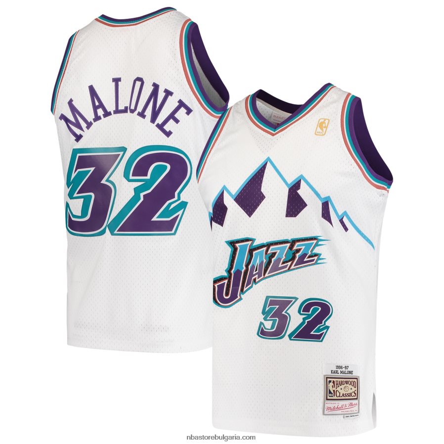 NBA JZ8F02899 юта джаз, карл малоун, мичъл и нес, бяла фланелка от твърда дървесина, суингмен